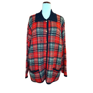 Crystal-Kobe red black check cardigan 2X Mexico black trim gold buttons vintage